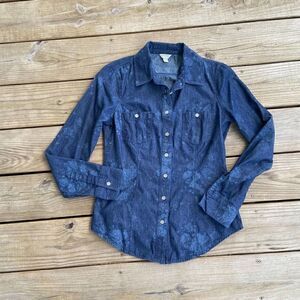 Guess Dark Wash Denim Floral Button Down Shirt XS